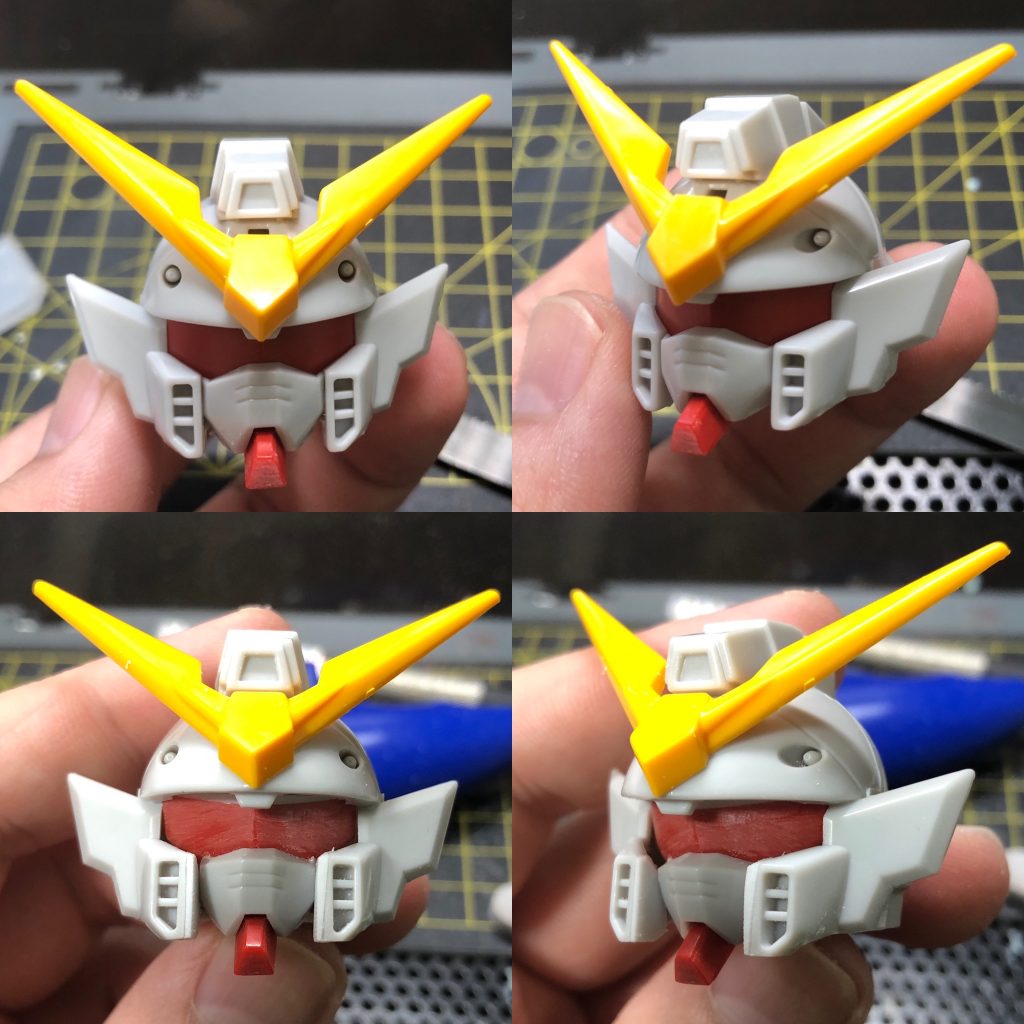 Gジェネウイングの頭部を改造しました。ツインアイと口部をカットして角度をつけて接着しています。ノペっとした顔が少し凛々しくなった気がします。