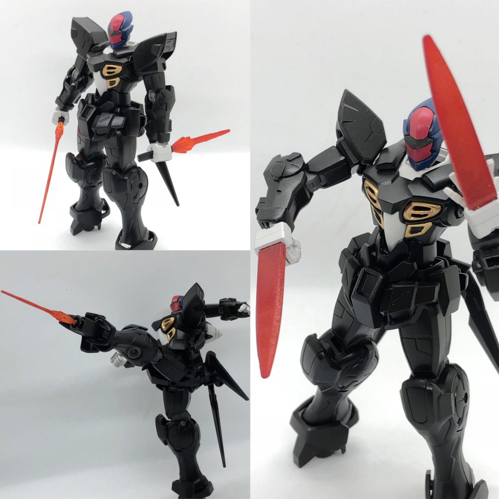 遠距離武器はなく手持ちタイプ、拳から出るタイプ、足裏から出るタイプのビームサーベルを用途に合わせて使用します。