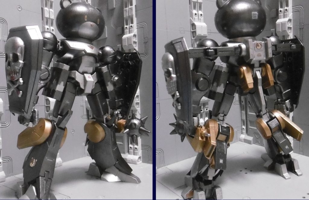 武装形態（フル装備）スカルウェポンの台座を２つ使い、ヴァサーゴのストライククローアームでＥｚ－ＡＲＭＳに接続しています。ダブルエックスのＧ－ハンマーは、経年劣化状態からの再利用。リックドムの五指独立可動にもフィットしたので即決。