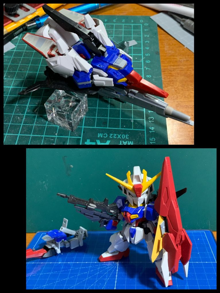 塗装前です。SDCSのZガンダムをコアガンダム2に着せてます。肩と前腕は2mmほど幅増ししました。コアディフェンサーの黄色い羽部分は可動式にしてます。この頃はビームライフルとコアスプレーガンをドッキングさせてました。