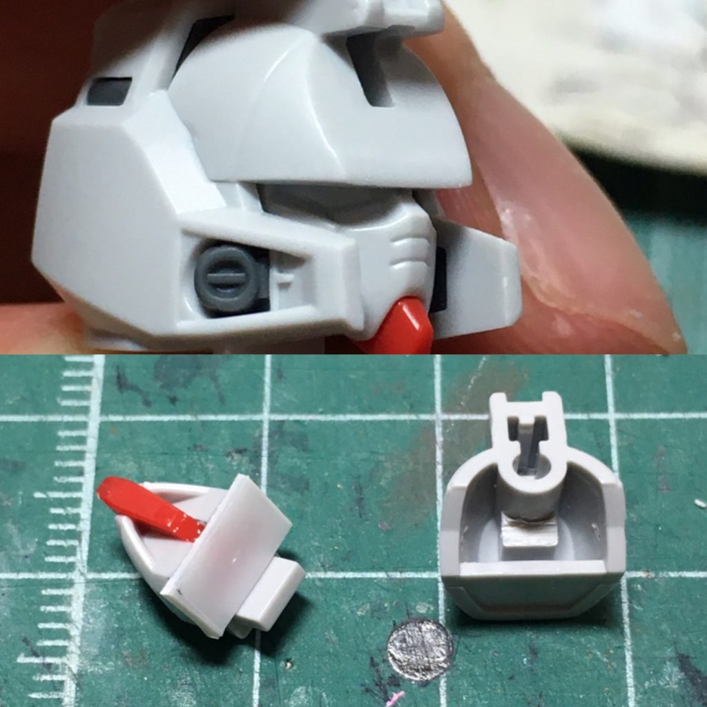 顔が奥まっている印象を受けたので、ヒサシの裏側の干渉部分を削り、プラ板を貼って顔を1㎜前に出しました。