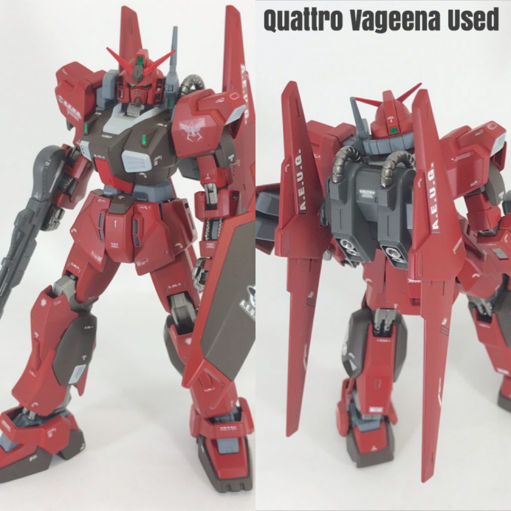 クワトロ機です。こちらは「百式」寄りにカスタマイズしてみました。Hobby Offでパーツ取り用として(500円で)購入したものを、たまたま持っていた百式のパーツで補填して作成された機体です。カラーは、ややダーク寄りのレッドで仕上げてみました。+
