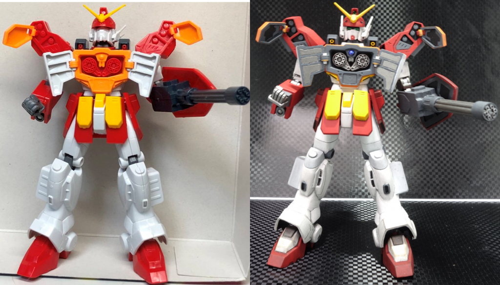 完成後素組みの際の写真と同じポーズをとらせて撮影しました。最初は改造するつもりは全くなかったのですが、肘関節の軸がすごく折れそうだったので改造を始めました。