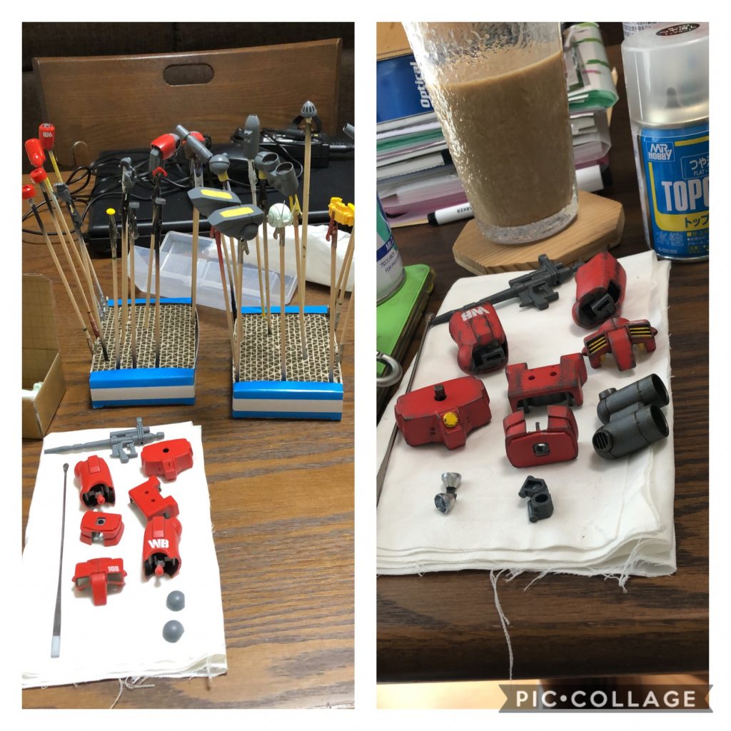 塗装はサフ無しで、MSカラーのレッドとイエロー、懐かしのニュートラルグレー(w)とホワイトグリーンを基本色、パーツの内側は焼鉄色で塗り、スミ入れ、デカールを貼った後つや消し。あとは焼鉄色のスポンジチッピングとシルバーでチョイチョイして、リアルタッチマーカーブラウンとウェザリングマスター、オイル、スス、サビ等を使って汚して行きました。