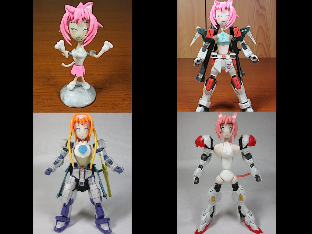 左上は約１年前に初めて造ったSDのモモ。
その横がSD頭部を流用したHGバスター装備モモ。
左下はワンサイズ小さい顔パーツと専用胴部を使った
HG用の擬人化表現キマリストルーパー。
こうして見ると１年で多少は進歩した気がします。