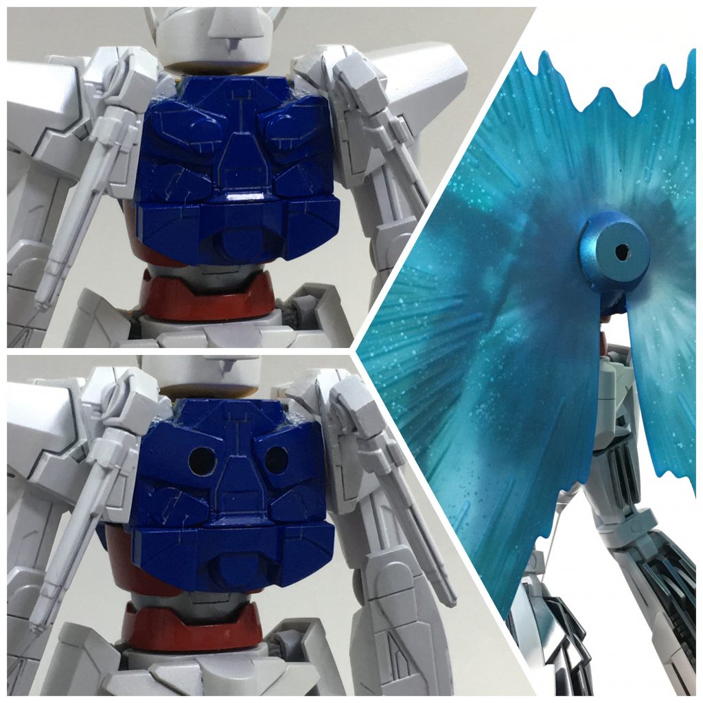 せっかく∀を作るなら月光蝶エフェクトも欲しかったのでOガンダムのGNフェザーのエフェクトをベースに作りました
GNフェザーエフェクトの上にうっすらとクリアブルー等を吹いて使っています
接続は背中のパーツを外すとバーニングのバックパックが出てくるのでそこに刺してるだけです(↑シールドとライフルも同じとこを使っています)
OガンダムのGNドライブを改造して背中にピンをさせるようにしているので足も表情をつけられます