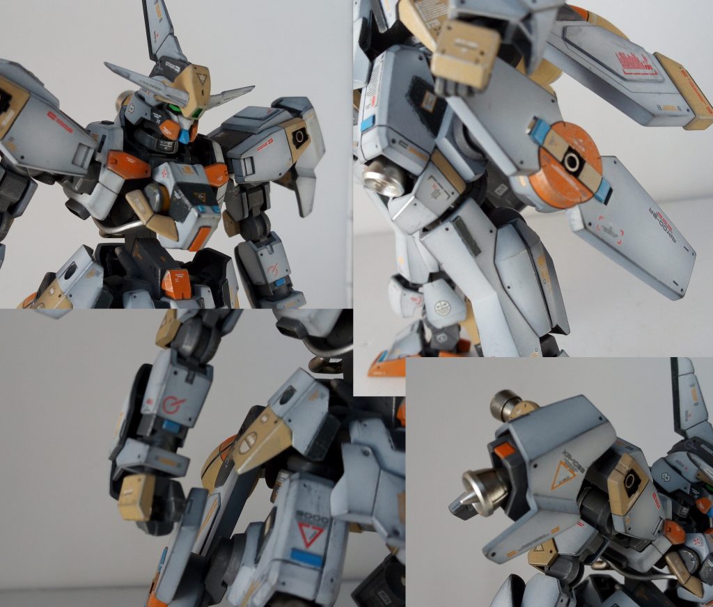 ガンダムヘッドはシュヴァルベの頭部をベースにスローネのフェイスとトサカ、ジェガンのおでこ、グレードアップパーツのブレードアンテナを使用
腕部は3mm延長し、プラ板で少しだけディティール補填。
シュヴァルベの腿のブースターはなんか違うなぁって思い、ノーマルのブースターに変更。
肩のブースターもボリューム不足な気がしたので、グレイズの腿の装甲を使用し、グレードアップパーツのブースターと適当にガッチャンコして作成。