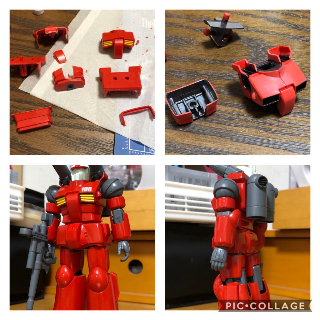 リバイブの肩を使うことにしたので接続で悩み、ええーい、ままよ！ってなわけで急遽胸から上はマルっとリバイブに換装w 腹部は腰との接続もあるので残し、これまたギコギコ。でもそのおかげでスタイルはグッと良くなりました。あ、細かいとこでは、胸のダクト横のバーニア？っぽいのも旧キットのパーツを使ってます。