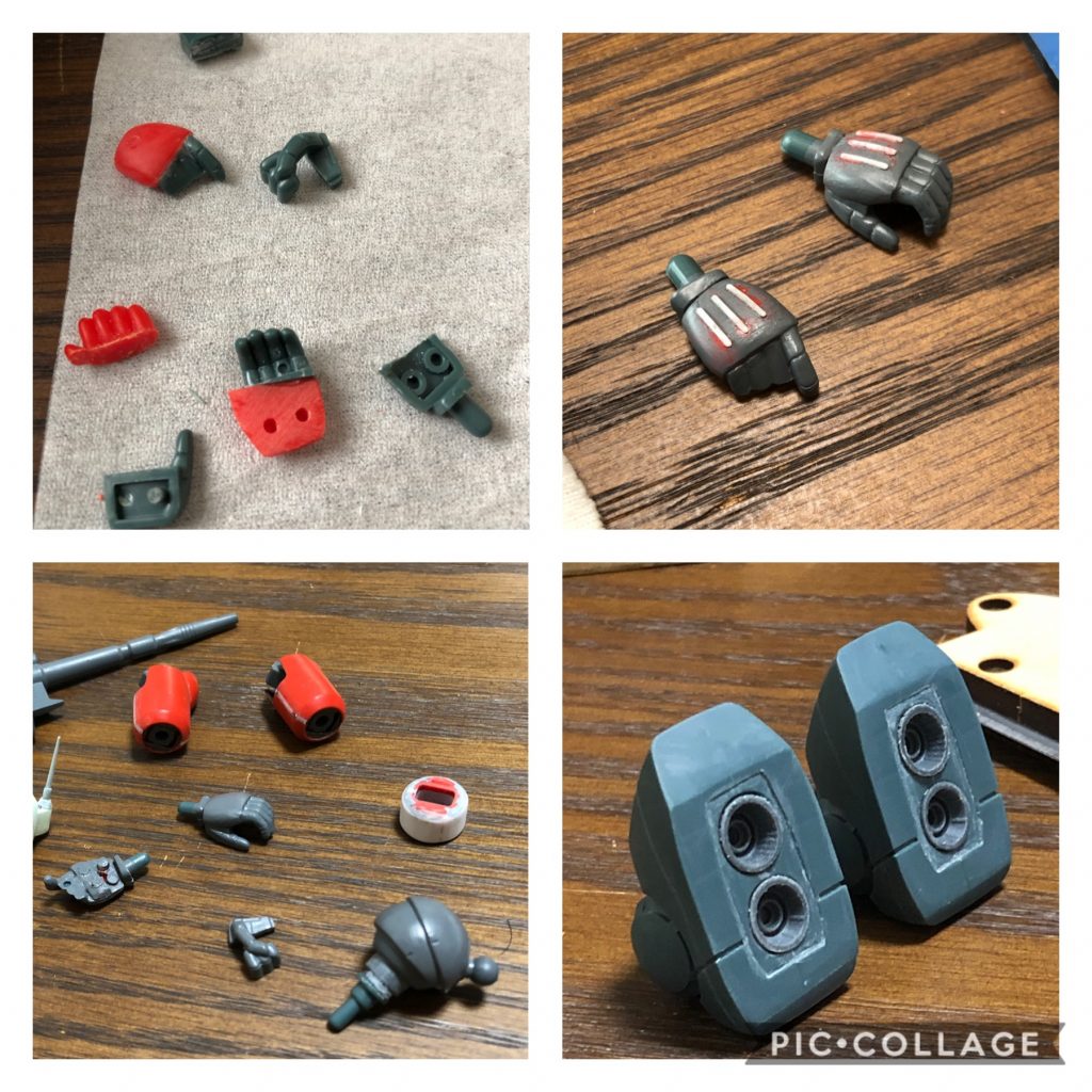 手首はそれぞれの部品の指と甲をエッチングノコで分割、形を修正して組み上げました。下腕の溝もアニメには無いのでプラ板で埋めました。上腕を太くしたことで肩が小さくなってしまったのでリバイブのものを使うために軸等を移植。足裏はモールドの処理が面倒だったので削り取り、真ん中に穴を開けてコトブキヤのバーニアを入れました。