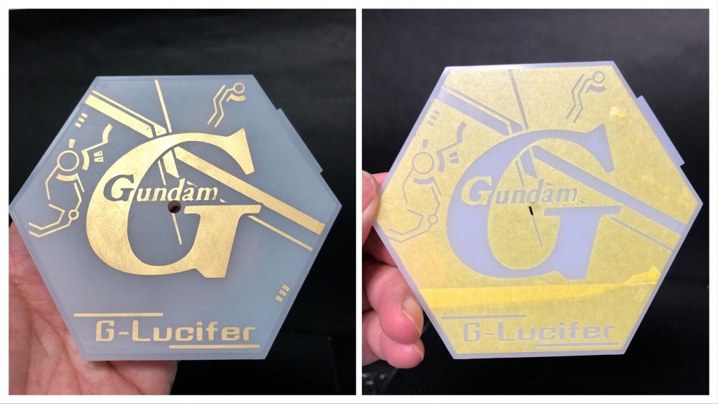 ベースもマスキング塗装で仕上げました。Gレコの映画版のタイトルをモチーフに金色文字です。