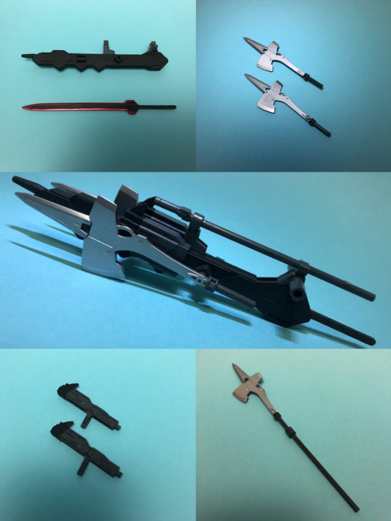 武装は2種類あり、どちらも複合兵装?にしました。こちらはビーム砲、両刃剣、アックス×2、ハルバード、ビームガン（連結可）がひとまとめになっています。