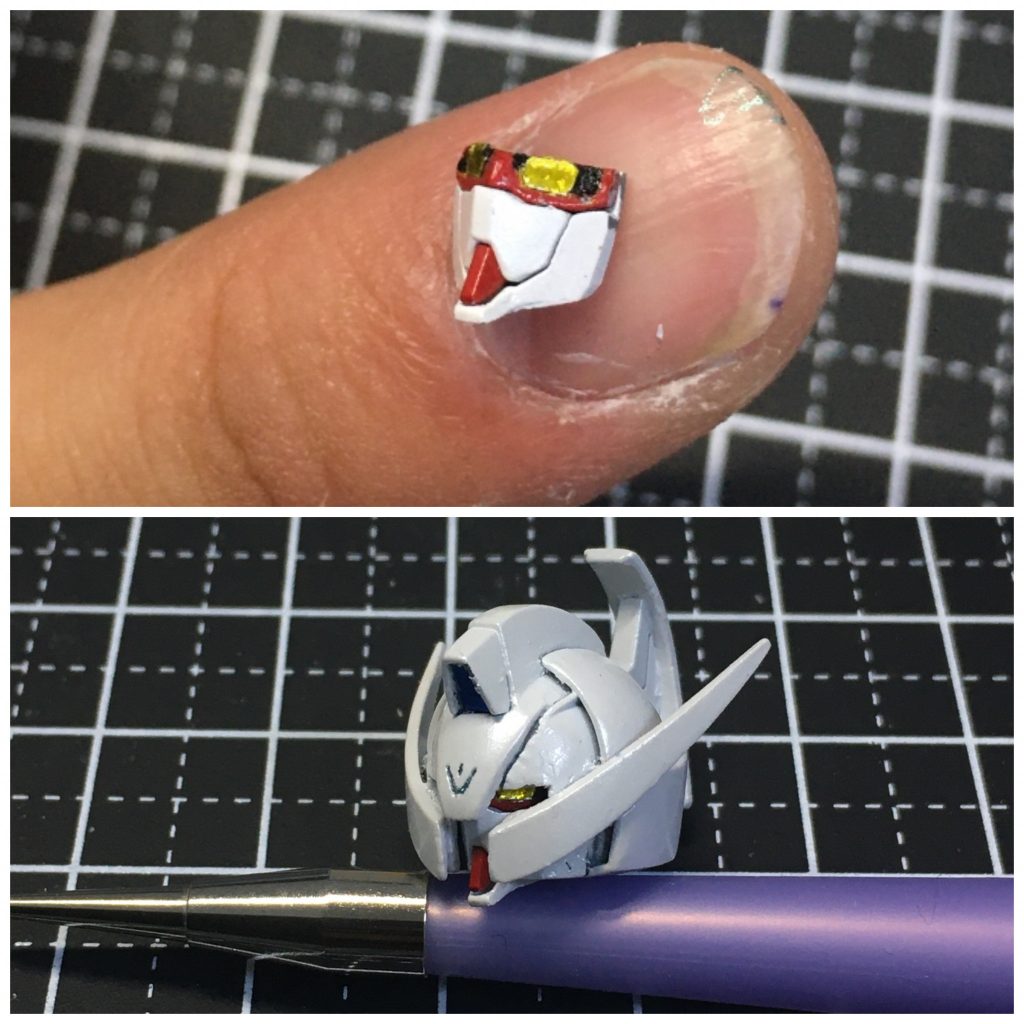 いつもツインアイの塗装が上手くいかず大体シールをそのまま使っていたのですが、今回はシール余白のとこを切って貼って上からクリアイエローを塗ってみました
なんで今までこの方法使ってなかったんだろう…