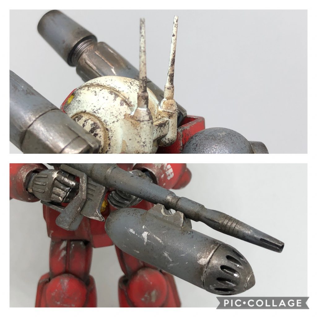 写真では見えにくいかもですがキャノン砲の先端もアニメっぽく少し短くしてます。頭部はラインを太く掘り直してます。元のアンテナを削っても上手くいかなかったのでコトブキヤのパーツを組み合わせて接着しました。あともう1つインパクトが欲しかったのでガンダムのスーパーナパームよろしくスプレーミサイルランチャーをこれまたネオジムで取り付けてます。