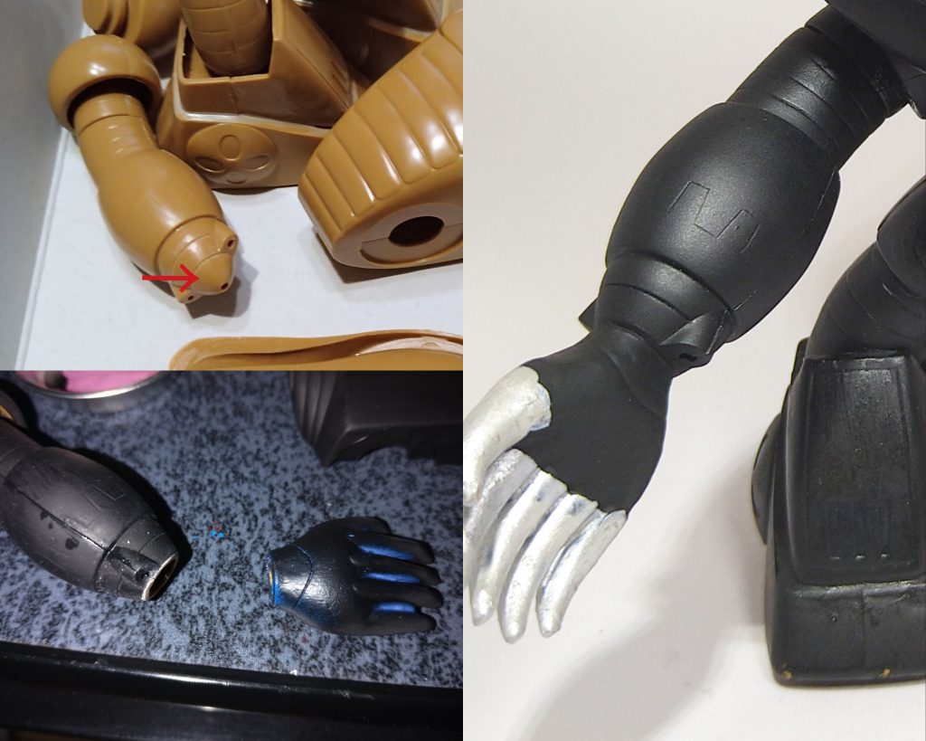 ヒートロッドのままだと手が猫の手ぽくない為旧キットゴッグの手を移植しました。元々の手の第一関節（赤矢印の所）をカット、ヤスリで形を整え、同じく形を整えたゴッグの手先をカラーパテで接着してます。系統が似てる為か違和感がほとんどなく仕上がりました。
    +