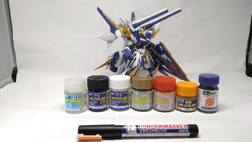 ──塗料一覧──
[サーフェイサー]
･Mr.color サーフェイサー1500グレー

Mr.color GXウイノーブラック
Mr.color GXクールホワイト
Mr.color GXレッドゴールド
Mr.color GXクリアオレンジ
Mr.color 黄橙色
ガイアノーツ 風群青
ガンダムマーカー メタリックオレンジ

[トップコート]
Mr.color つや消し スーパースムースクリアー

今作も綺麗に発色･塗装が上手くできたと思います。
特にソードビットの発色が個人的に上手くできたポイントだと思います。

以上で終了となります！