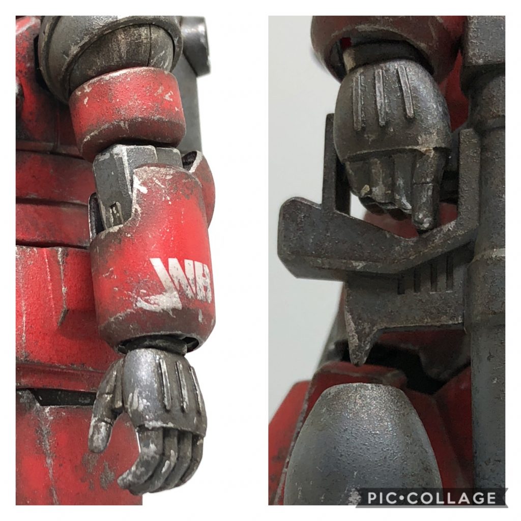 上腕と下腕はHGUCから。下腕に比べて上腕が細いのでプラ板を巻いて太らせました。手首も細いので甲の部分は旧キットから形を整えて移植。このおかげでビームライフルの保持力がなくなってしまったのでグリップと手のひらにネオジムを仕込みました。ここもいい感じに纏まったと思ってます。