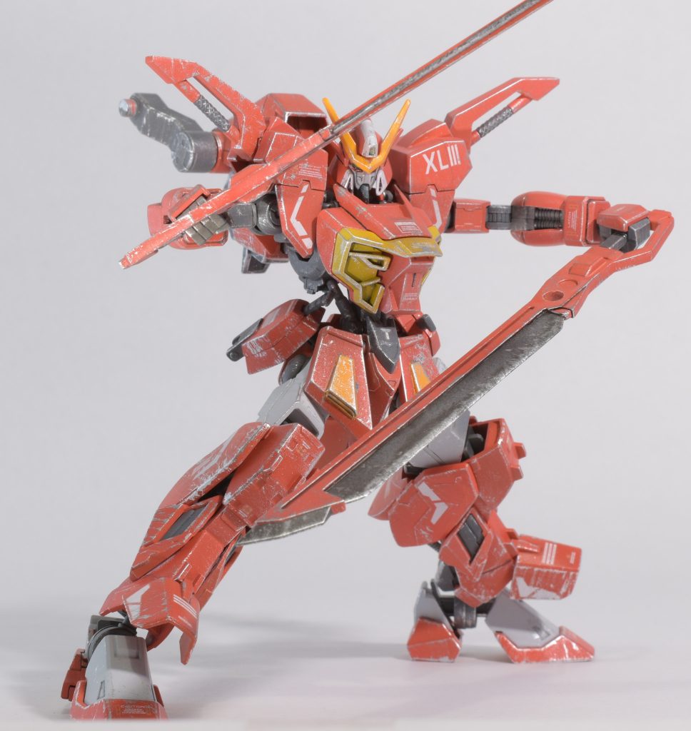 ソードカラミティを基本シルエットに、ガンダムフレーム系機体のパーツを適所に配置しました。
胸部ビーム砲は世界観にそぐわないので、コックピット風パーツに置き換えました。
    +