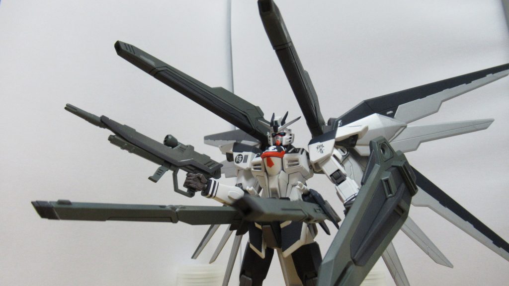 フリーダムには必須のハイマットフルバーストのポーズ。
銀髪キャラという特徴を反映させるため、翼やワンポイントをシルバーで塗装しました。