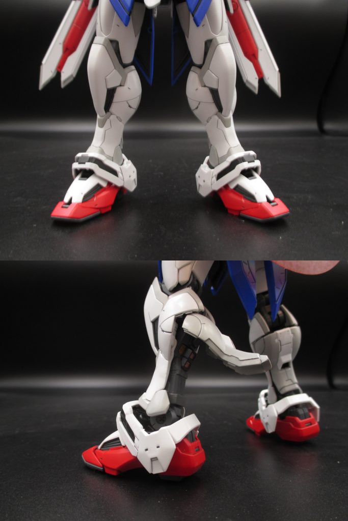 このキットがゴリマッチョに見える一番の要因であるスネの短さを
解消するため、外装を5mmほどプラバンの積層で延長しました。
フレームは足首との接続部に箱型のジャンクパーツを加工して
取り付け延長しました。