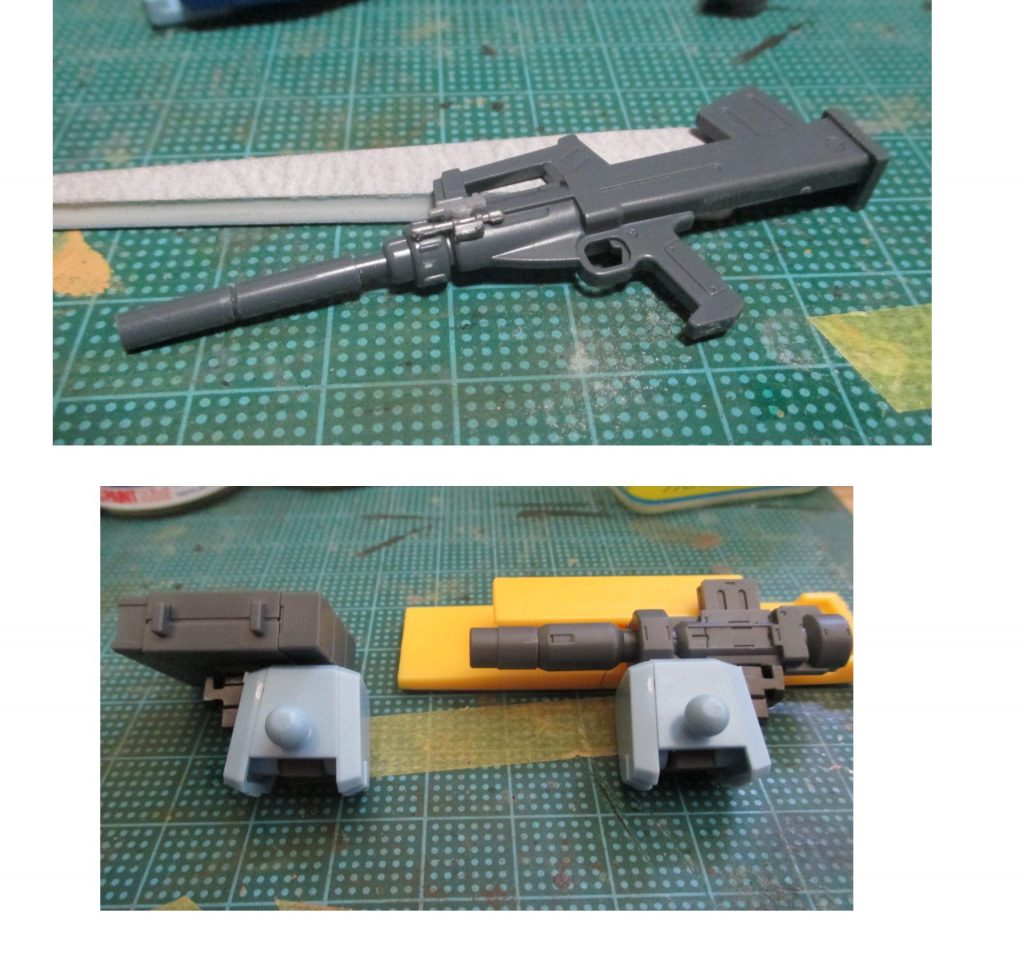 マシンガンはサイドにミリタリーキットのパーツでセンサー風に消炎器はキットのランナーから製作両肩は接続部を食玩Gフレームの無可動フレームから使えそうな部分を切り出して使用、武器は30MMから
    +