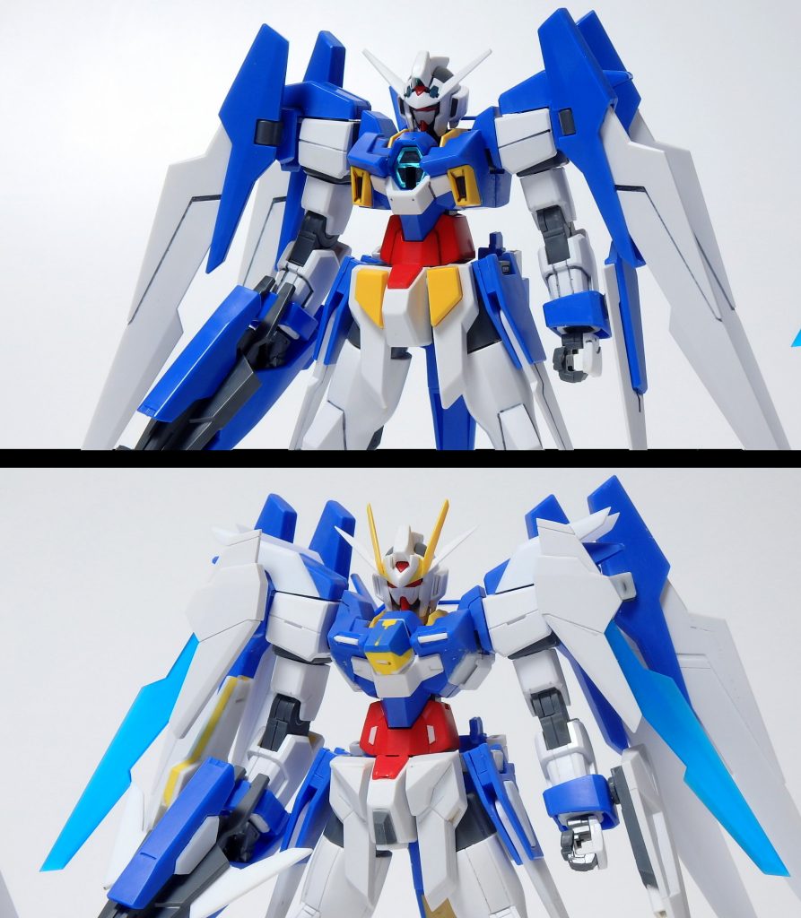 ガンダムAGE放送当時に購入したガンダムAGE-2 ノーマルとの比較です。サーフェイサーを吹く前のものなのでどこがどういう風に変わっているのかもわかりやすいかと思います。より詳しい工作箇所・内容につきましてはこちらからご覧ください。(ツイッタ―へのリンクになります)https://twitter.com/i/events/1291240016811667457
~COLORING DATA~青=EXAMブルー1(C)+パープルヴァイオレット(G)+蛍光ピンク(C)+Ex-ホワイト(G)白1=クールホワイト(C)+ミクホワイト(G)白2=明灰白色(C)+クールホワイト(C)白3=明灰白色(C)黄色=キャラクターイエロー(C)関節グレー=RLM75グレーバイオレット(C)武器グレー=エクストラダークシーグレー BS381C/640 英海軍迷彩色(C)ビームサーベルエフェクト=Ex-ホワイト(G)→色ノ源マゼンタ(C)でグラデーション塗装シグルブレイド刀身=蛍光ブルーグリーン(G)で塗装後Ex-ホワイト(G)でハイライト足裏バーニア=スターブライトアイアン(G)ストライダー形態用ディテールアップパーツ(ビームバルカン) =スーパーファインシルバー(C)+マホガニー(C)少量+ウイノーブラック(C)少量でチタンシルバー風のシルバーを調色。