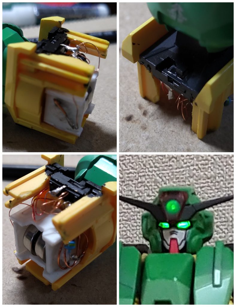 アリオスと同じ胴体内部から透明ランナーで導光するとオデコのセンサーが輝度でないので、頭の中にチップled埋め込み。LR44x2の電池ボックス新造。スイッチは首の後ろに。