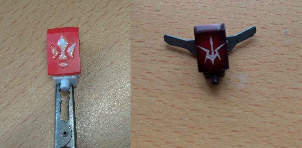 胸元の鉄華団マークを潰して、黒の騎士団マークをマスキング塗装。