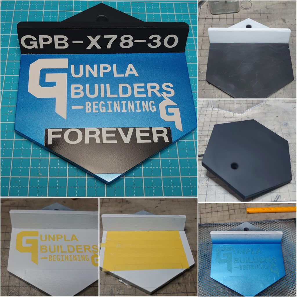 デカール未使用 台座 寂しいのでアクションベースも改修です全体的に1枚プラ板をはりネームスタンドをつくり、ベース上面にマスキングテープをはりますきり抜いた字体のみ残し、塗装をその上から行いはがして終了です
+