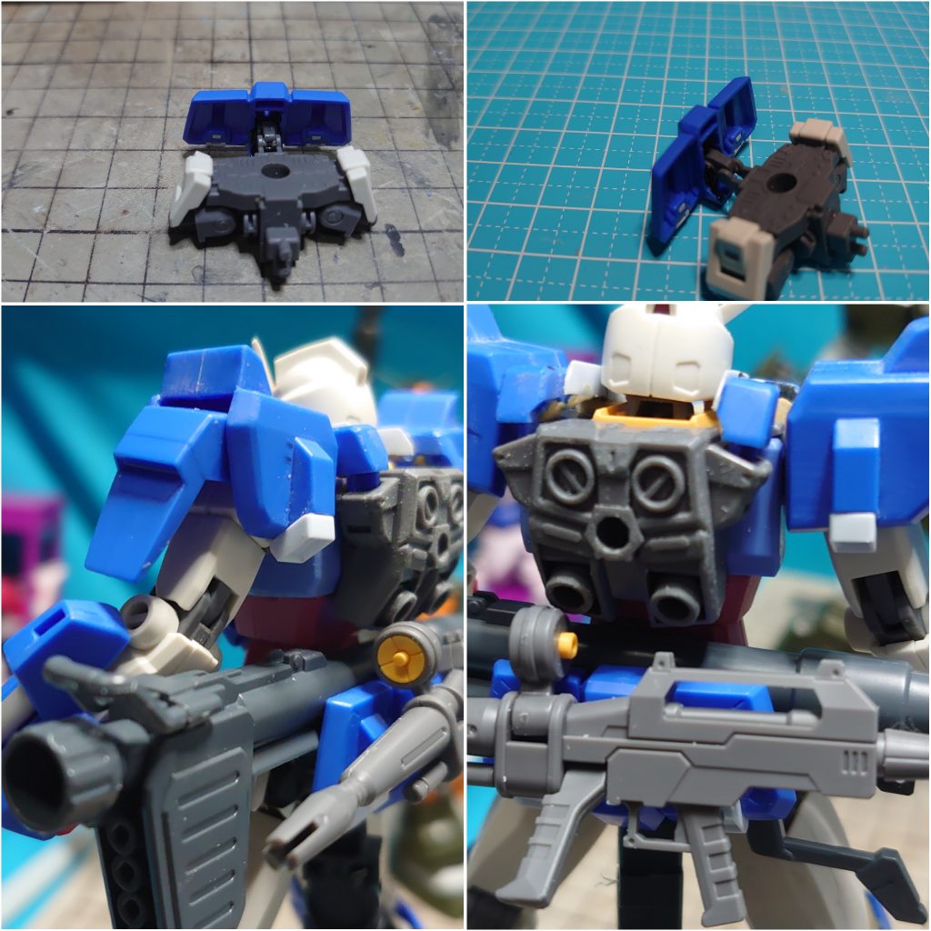 バズーカラックの改造 ビームライフルとバズーカーの両方を収納させたい普段は腰の外側に取り付けますが 今回バズーカーのみ、チェストアーマーの中に収納です リンク方式を使用してバズーカを挟み込むようにします
+