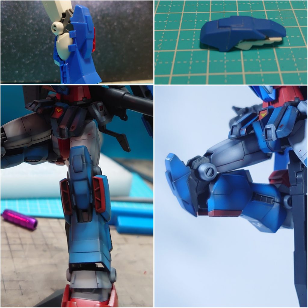 膝は1パーツなので分割します180度膝が回るようにパーツを切りますこれも裏からエポキシで接合部を型取りですこれで膝オンリーで動くので、90度の可動域から180度へ可能とします
+