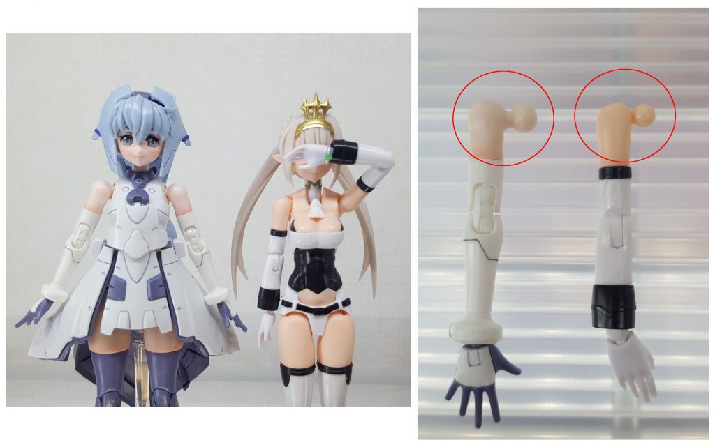 納得のいかない部分はまだあります。他のキャラクターのキットでも同じですが、肩が怒り肩に見えます。写真は他メーカーとの比較です。会社が違うのでお顔は映せません!というのは建前で、タンポ印刷のフェイスパーツと比較するとどうしても・・・比較対象はメガミデバイス(武装神姫のエーデルワイス)のボディです。FAガールの轟雷も比較のために乗せるつもりでしたが・・・フルアーマー化しており、てんこ盛りした武器を外すのが面倒でやめました。えー・・・メガミデバイスの方がボディが小型で、なで肩になるように作られています。腕のボール軸の付き方も違い、メガミデバイスの方が若干上の方に付いています。このため、怒り肩にならないようです。じゃあ・・・サラのボール軸を切り飛ばして、上の方につけ直してやれば良くなるんじゃ?とも思いましたが・・・失敗して血涙を流している未来をゼロシステムが予測したのでやめました。