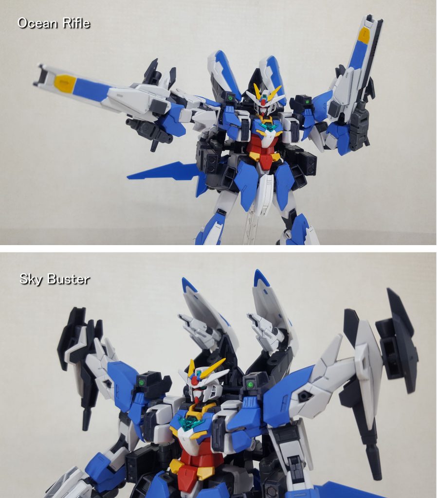 武装1【オーシャンライフル】(上部写真)海洋(海)、流れる水のように様々な形態にに変化するビームを撃ち分けすることが可能なライフル。腕部ユニットにフレキシブルアームで接続されており、前方向に展開して使用します。高出力ビームを連射する「R(ラピッド)モード」ビームに回転を加えることで貫通力を高めた「D(ドッズ)モード」エネルギーをチャージして撃つ「M(マグナム)モード」広範囲にビームを放射する「B(ブラステッド)モード」等々、様々な撃ち分けが可能です。※海洋の数だけ考えようとしましたが挫折しました。武装2【スカイバスター】(下部写真)一定距離相手を追尾するビームを発射する兵装です。背部のコンテナ内に格納されており、使用の際にはカバー(蓋)を展開します。ビームの速度と貫通力が高く、至近で撃てばSEED系のラミネート装甲も打ち抜けますが、追尾する距離が長くなるとビームの威力が下がっていきます。元はコアガンダムのライフルです。格納しているコンテナはジュピターアーマーのマルチコンテナビットを逆さに取り付けたもので、中身をくり抜いています。
+