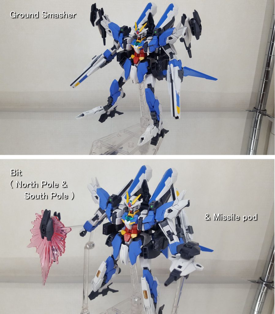 武装3【グランドスマッシャー】(上部写真)脚部に格納された高出力ビーム砲。使用する際は砲身を前面に展開します。幅の広いビームで広範囲を吹っ飛ばします。元は地対空砲ですが、この機体は基本空を飛んでいるので、上空からの射撃も可能です。武装4【ビット(ノースポーラ&サウスポーラ)】(下部写真)無線式のオールレンジ兵装です。マニファービットにマルチコンテナビットのビーム発生装置をくっつけました。写真に取り忘れましたが、肩に接続したままビームシールドを展開可能することもできます。北極(ノースポーラ)、南極(サウスポーラ)です(白いので)。ビームシールドはオーロラをイメージしています。大気圏内でも使用可能。武装5【ミサイルポッド】(下部写真)腰付近にヴィートルーウェポンズに付属するミサイルポッドを、おまけでつけました。MSGのジョイントパーツでくっつけています。
+