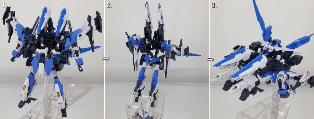 コアガンダムを取り除いたアーマーを写真の手順で変形させます。1.のアーマーを、2.の用に変形させてから、折りたたんで、3.の用に変形させます。コンテナ内部に3mm穴が有り、足のすね部分のジョイント軸を差し込んで固定しています。本当はジョイントをつけるつもりは無かったのですが・・・いじっていたら足の付け根のポリキャップが緩くなってしまい、変形時のポージングが維持しづらくなってしまったため急遽取り付けました。「Trace the origin of the earth」は、「地球の起源を辿る」です。空(スカイバスター)と大地(グランドスマッシャー)が一つになる、という意味を持たせています。
+