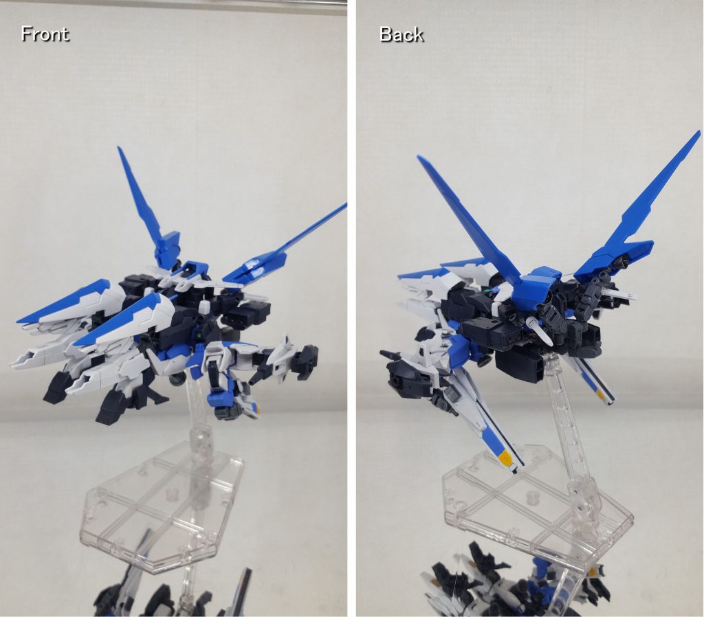 変形後のバスターアーマーです。コアガンダム無しでも単体での飛行を可能とします。腕と肩の位置調整が難しく、なかなか正面を向きません。ジュピターアーマーの肩部ジョイントは角度が付いており地面に対して垂直になっていないので、写真だと分かりづらいですが、マニファービットの砲身が外側を、腕(ライフル部)が内側を向いています。※まぁ、二の腕部分に余計なパーツをつけたのが原因ですが・・・肩アーマーのジョイントの角度を調節(可動)できるように改造しようかと考えています。
+