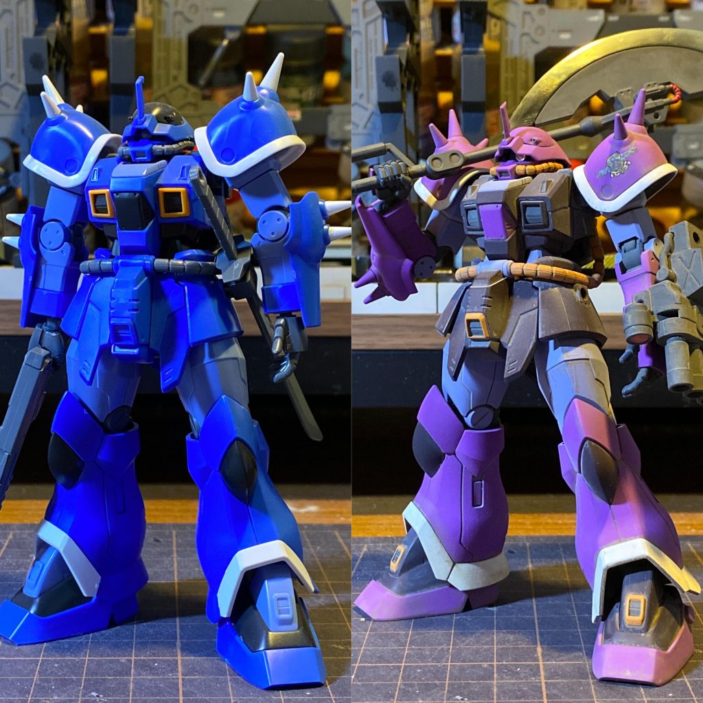 着手したのがシュナイド機発売発表前でしたので、ウルフ・ガー隊のイフリートの塗り替えです。3連ガトリングはHGUCグフカスタムから。ネオジム無理矢理接続です。ヒートランサーは、「ザクF2000のでも使うか、スクラッチ…?」と考えていたらシュナイド機が発売されたので、純正品を拝借。