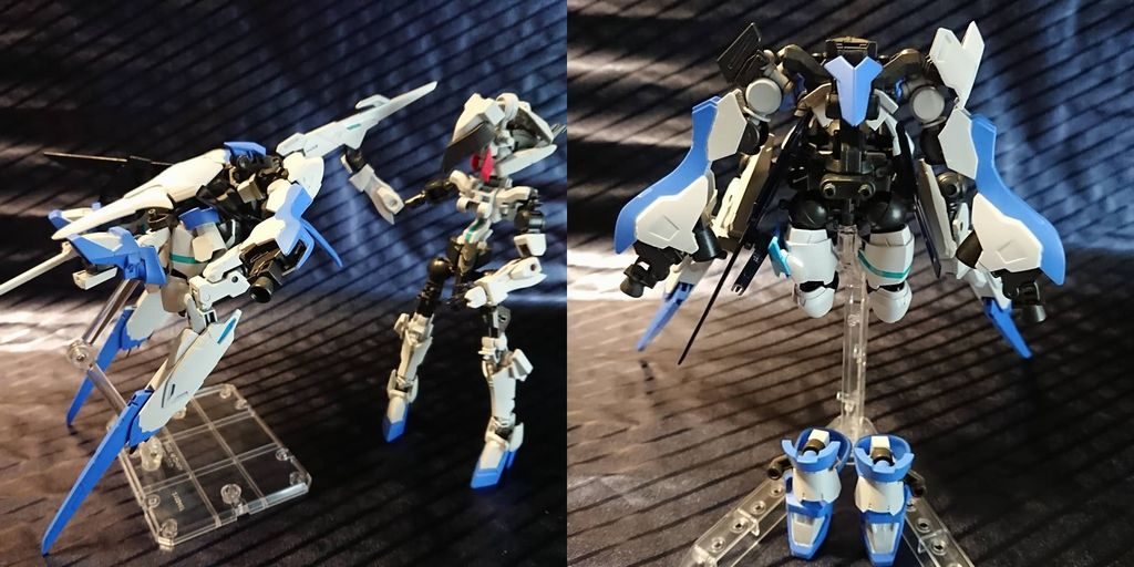 支援機としてバードモード(左)へ。できるだけ余剰パーツは出したくなかったのですが、むりやり感がありますね(;´Д`)そしてトルソーモード(右)にもできます。こちらは深い意味はありませんが、ドレスと名乗るなら綺麗に飾れた方がカワ(・∀・)イイ!!的な。