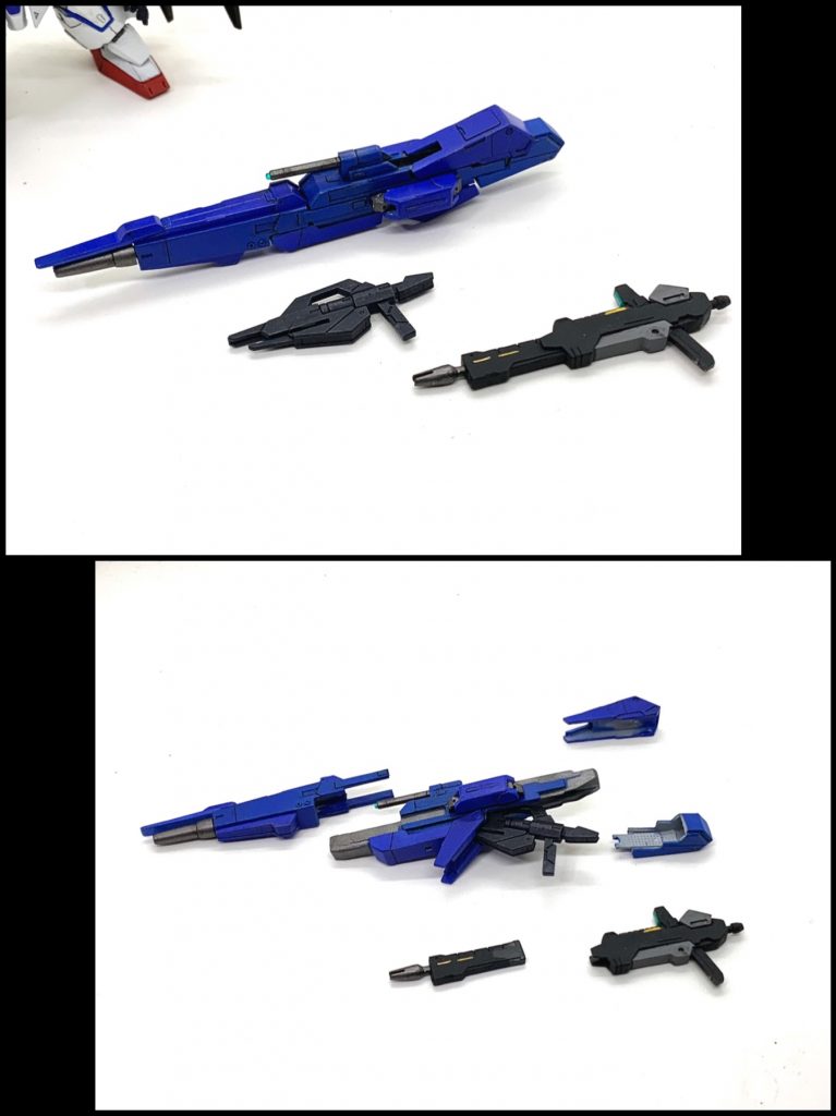 ビームライフルとハイパーメガランチャーです。ハイパーメガランチャーはコアスプレーガンとドッキングし、バレルの伸縮とサイドグリップの開閉を備えてます。ビームライフルもウェーブライダー形態の時にバレルを短縮させたかったのでスクラッチしました。