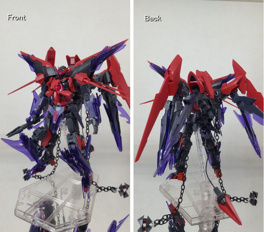 型式番号:VMS-MPT-ASX04-dis機体名:ガンダムディセクシア(Dis-Exia)ガンダムの世界における、仮面ライダーディケイドのような存在をイメージしています。様々なガンダムの世界を渡り、破壊すべきと判断した世界の全てを破壊する・・・といった感じです。世に出ていないガンダムの作品は、この機体によって世界を破壊されたとかいないとか・・・一説によるとターンエーが歴史を封印したのは、この機体の出現を防ぐためだった・・・なんて。機体モデルはスーパーロボット大戦のシュロウガです。使用したキットは・ガンダムエクシアダークマター・トランジェントガンダムグレイシャー・MSG色々です。基本的にダークマターとトランジェントグレイシャーを組み替えて、各パーツを切り貼りしたお手軽品です。塗装が苦手なので、ほぼ未塗装・・・成形色を生かして何かそれっぽい感じにできないかと考えて制作しています。盛った禍々しさでは無く、内面からにじみ出る禍々しさを表現したかったのですが・・・ちなみに、ダークマターとトランジェントグレイシャーでは軸の規格が違うので、ダークマターにトランジェントグレイシャーのパーツがはまるよう、腰と足首のポリキャップを変更しています。ハンドパーツはMSGのノーマルハンド・・・だったかな?手首軸の直径が微妙に合いませんが無理矢理はめ込んでいます。以下、脳内設定です。【リバース・サイコ・ドライブ】当機のメイン動力炉で、サイコフレームを内蔵したGNドライブです。シュロウガのノヴァ・ジェハードをガンダムの世界の技術で再現したものです。内蔵したサイコフレームを受信機として、機体周囲に存在する負の感情(怒り、憎しみ、悲しみ、嫉妬等の他、怨念等の霊的なエネルギーも含む)を吸収してパワーに転換します。吸収した感情はGNドライブ内でGN粒子と結合し、より強力な負のエネルギーへと転換されます。この負のエネルギーは特に浄化等されないため、機体は常に負のエネルギーにまみれた状態となっています。戦場のような負の感情が渦巻く場所にいる限り、理論上は無限大にパワーが上昇し続けます。何故かビルゴ系のモビルドールのような、機械制御の機体を相手にした場合でもエネルギーを吸収できます。ちなみにGN粒子と負のエネルギーは別物です。GN粒子は知覚できますが、負のエネルギーは知覚できません。【GNリキッド】液状化したGN粒子。動力炉で生成されており、機体各部に張り巡らされたパイプ(血管?)を伝って機体内部を循環しています。これにより、負のエネルギーを機体の隅々に行き渡らせています。パイプは各部に張り巡らされているため、たとえば腕を切り落とされた場合など、切られた場所からこのGNリキッドが噴き出します。ちなみに、当機のGN粒子は赤黒い色(血の色)をしています。リキッドは機体外に放出されると時間経過でGN粒子へと分解されていきます。機体外でも液状を維持するにはGNフィールドでのコーティングが必要になります。