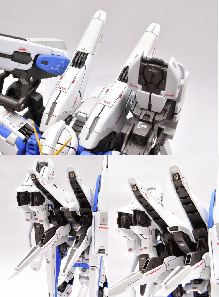 ミノフスキードライブはキット状態だとスカスカだったため、設定イラストを元にアレンジを加えつつ再現しました。