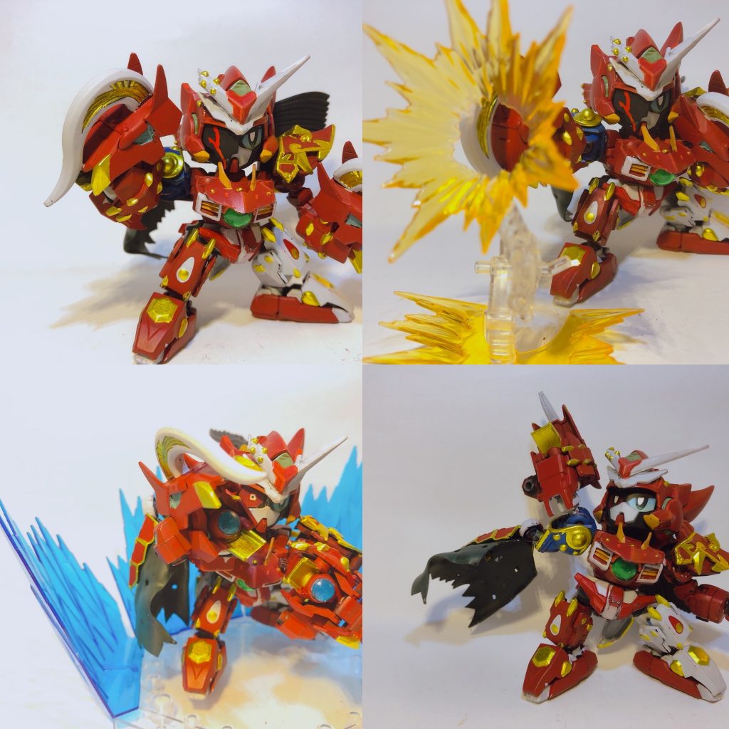 背中についてるGN我龍ナックルを腕につけ格闘技を繰り出します右目にため込んだ気を解放して放つ技は烈吼守流秘奥義我龍雷撃波!強烈な雷の波動弾をはなちますそして彼の相棒にしてサポートメカを召喚し