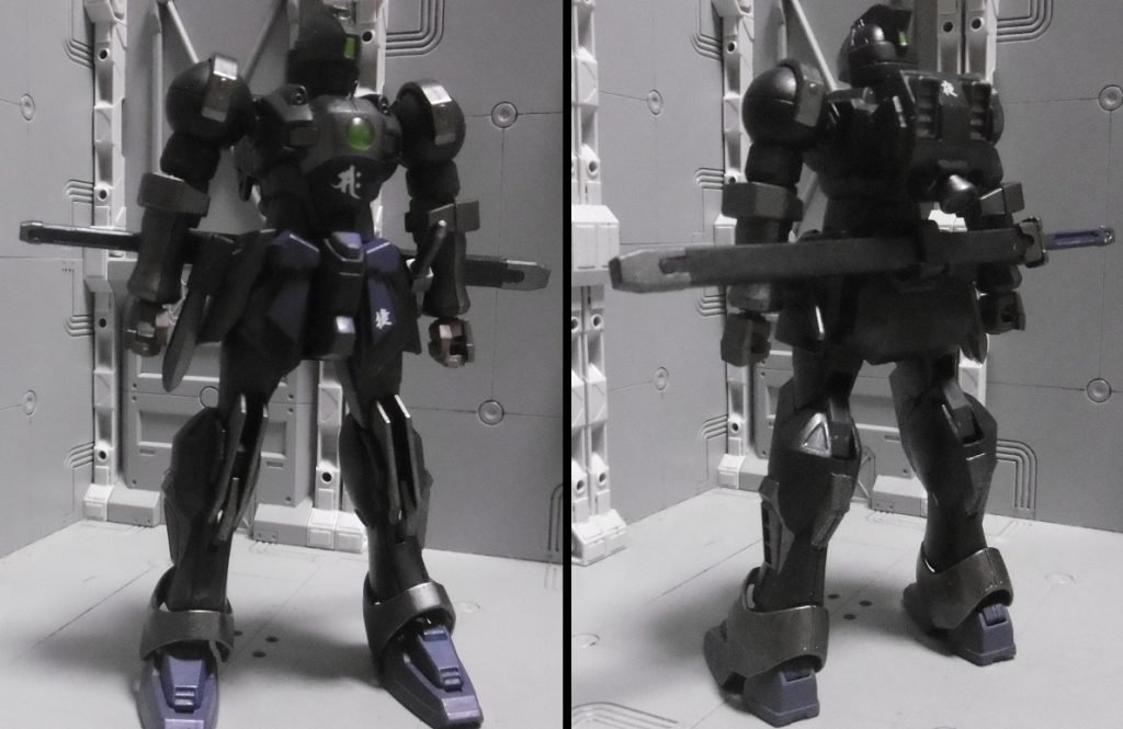 頭:HGBF ガンダムEz-SR 胴:HGFC シャイニングガンダム 腰:HGBF カミキバーニングガンダム + HGBF ガンダムジエンド 腕:HGBD リーオーNPD 脚:HGBD ガンダムジーエンアルトロン丸肩なのは、角だとコスプレ感が増してしまうため。灰と紫を基調にまとめました。メタリック塗装にもつや消しをしています。胸部・前腕部・足首は手甲や増加装甲を思わせるよう色を塗り分け。胸の下には智慧の化身を表す梵字【勢至菩薩】で忍術を強化。左フロントアーマーには敏捷の【捷】の字を当て、走破性を強化しています。つまりスラスター移動よりも地上を走った方が速い。