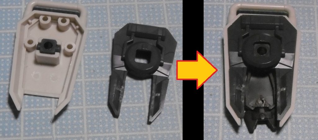 シールドはＥｚ８の物を改造しています。ポリキャップ下の接続軸２箇所を切除し、フレーム側を上のように加工。３ｍｍ軸を落としたビームダガー基部を接着。厚みは調整せずとも丁度よく収まりました。右前腕装備のビームダガーは、接続軸をやや短く切っただけです。