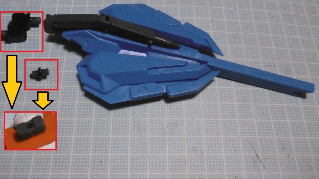 エクシードバインダーのPC部に、HGBCパワードアームズパワーダー+同ボールデンアームアームズ(スパイク)を巻き付けるように装着。これをスタビライザー代わりにしていました(カノン延長では不格好)本体への接続はMS形態ではパワーダージョイントを、MA形態では適当な3mm軸(M.S.G ディテールカバーA)を使い、本体側の背面に付けた拡張ジョイント(HGBF ビルドバーニングガンダム)へ取り付け。MA用の軸を付けると正面から見た際のバランスが劣悪だったので、後からHGBCジョイントに変更しました。この場合、横から見なければ特に違和感ありません。