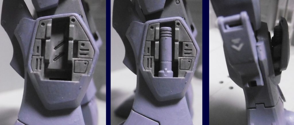 隠れて見えなくなる両脚ビームサーベルラックも塗り分け。塗装後は案の定外せなくなったので、取り付け前に撮影。前述の写真では予備用Ｅｚ８のサーベルグリップを塗装し持たせていました。