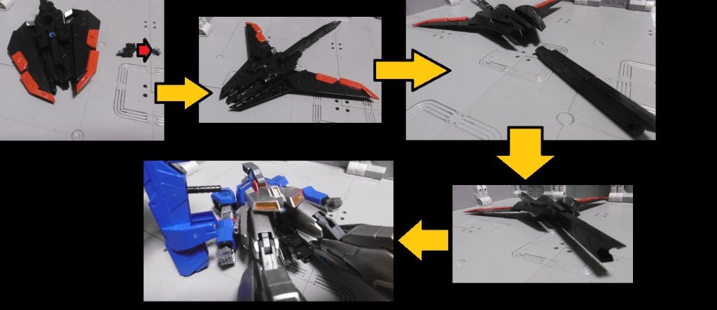 変形は差し替え式で、本体側はスクランブルガンダムの機構に準じます。① ジョイント交換 → ② ウイング&スタビライザー展開 → ③④ カノン砲身を延長(追加で接続)し、上下逆に取り付け → ⑤ ハイパー(略)用の接続軸を追加