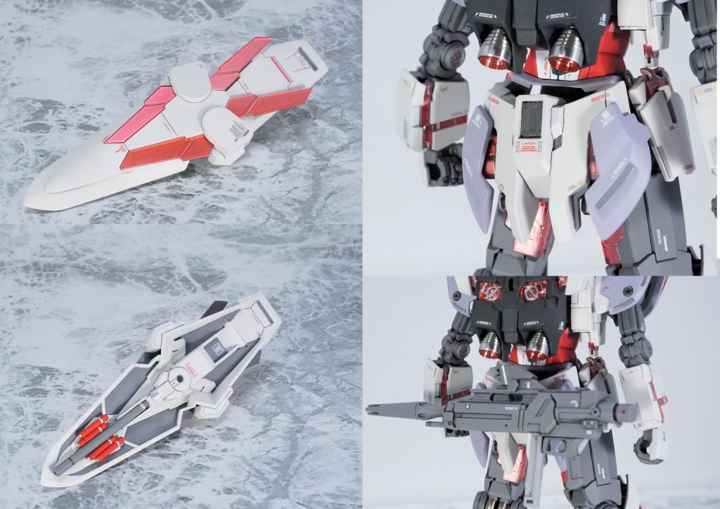 シールド裏のモールドは半端だったので削り落とし　キャノン、ミサイルをスクラッチ　腰のビームライフルマウント用の穴は深すぎて違和感があったのでプラバンとマグネットセッターで埋め、マウント用のジョイントパーツにネオジム磁石を仕込むことで塗装ハゲを気にせず着脱可能に