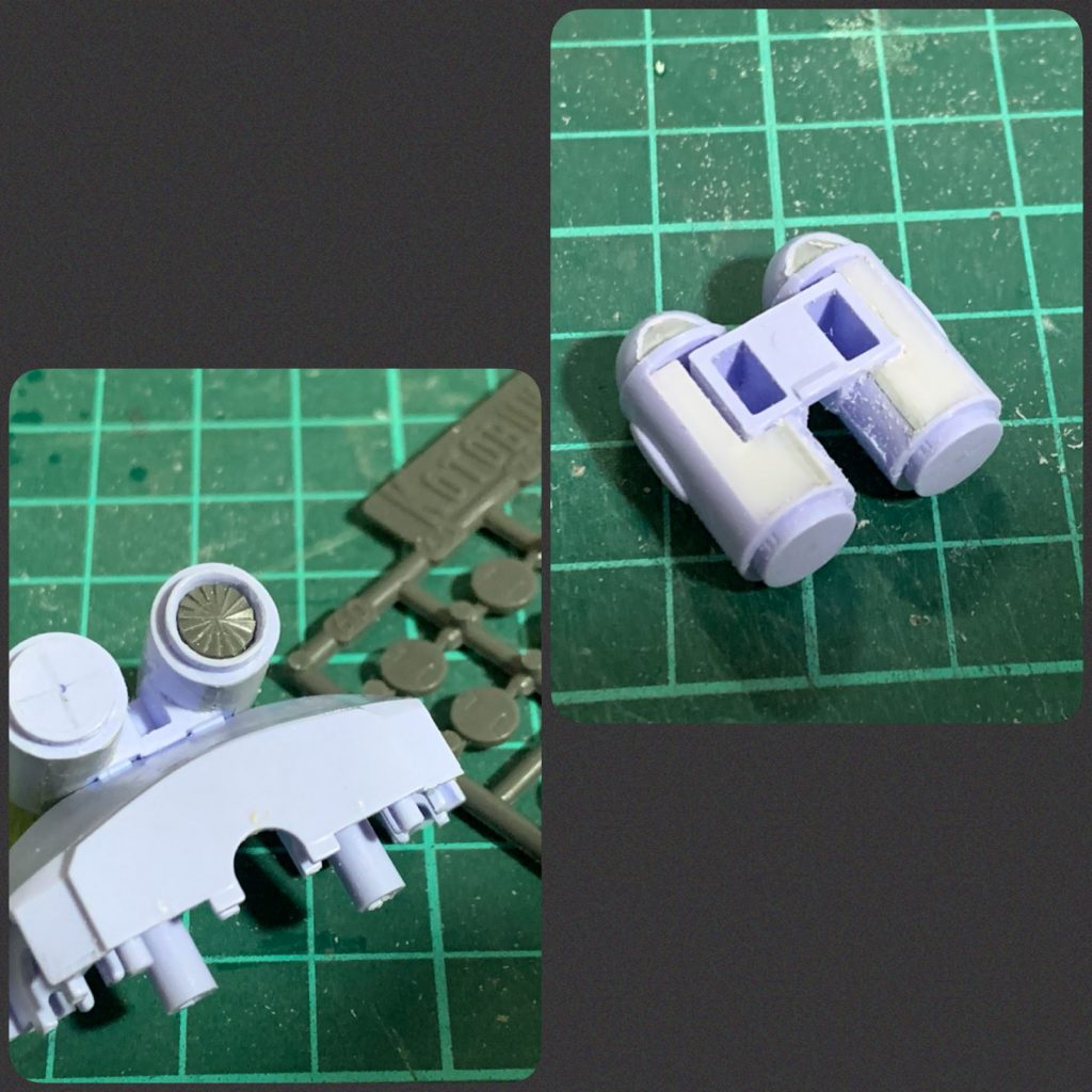 バックパックは肉抜き穴の処理と、本来スクリュー的なものがあるはずの場所が真っ平らなので、コトブキヤのパーツ(丸モールド5)を入れました。頭のミサイルは型抜きの関係でモールドが甘かったので、穴を開けて2mmプラ棒で作り直しました。