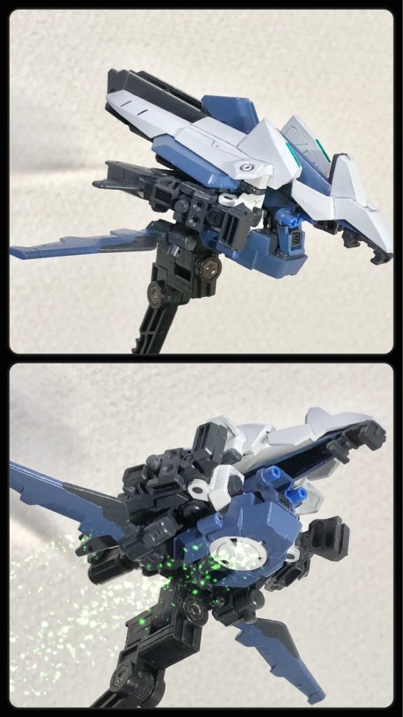 サブアームを反転させて機首にすれば飛行型サポートユニットに変形します。本来はカッコいい名前をつけようとしていたビルダーの思惑を他所に、フォースのメンバーに「まるでカメさんみたい」って言われて「カメさんユニット」と呼ばれてしまう。こちらにもＧＮドライヴ搭載なので出力は桁違いに高いです。 