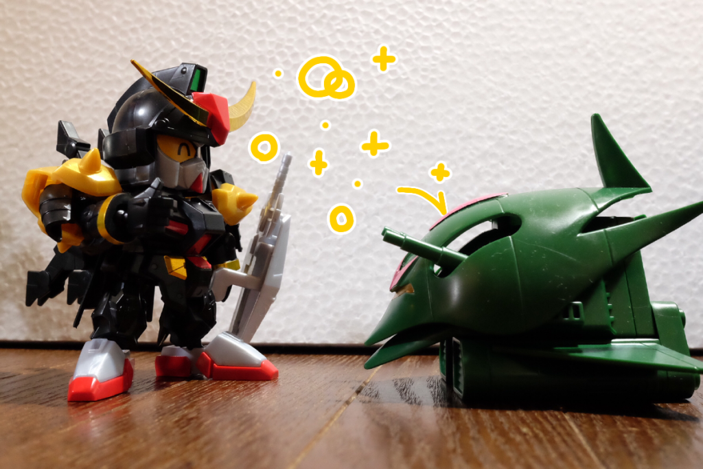 真悪参:キミがあの有名なモビルアーマーだね!  へー、綺麗な緑色だ!あの子:……オマエ